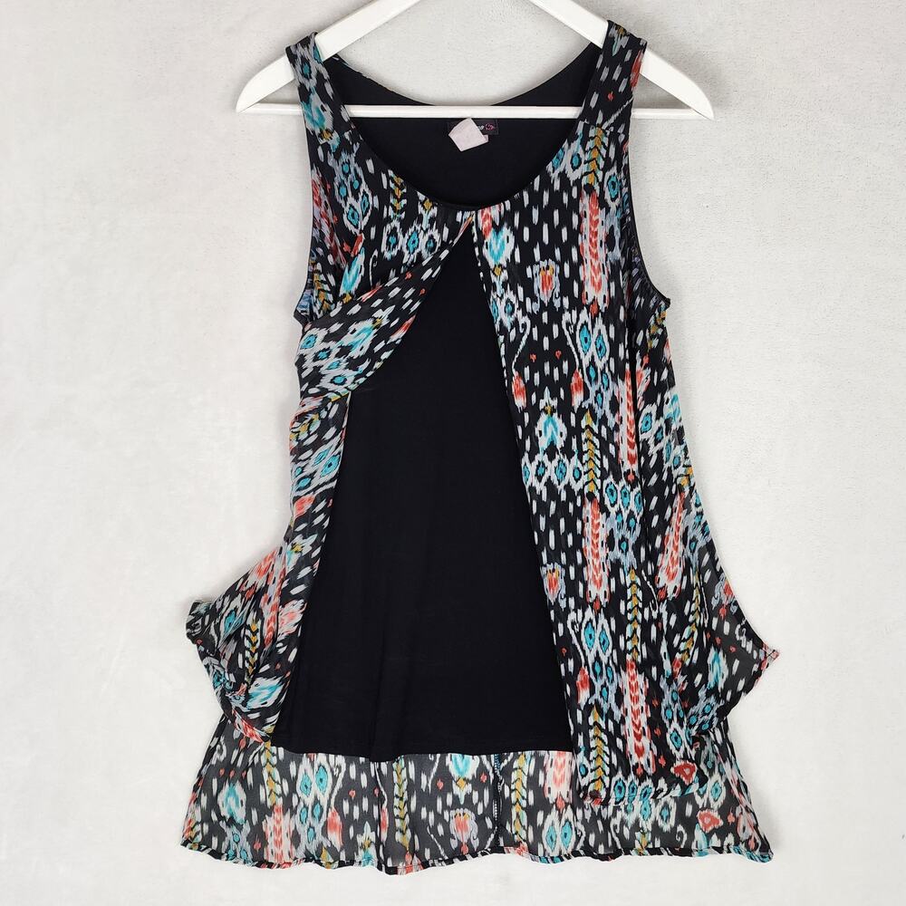 Cocomo Layered Sheer Sleeveless High Low Ikat Flowy Split Front Boho Top Women M